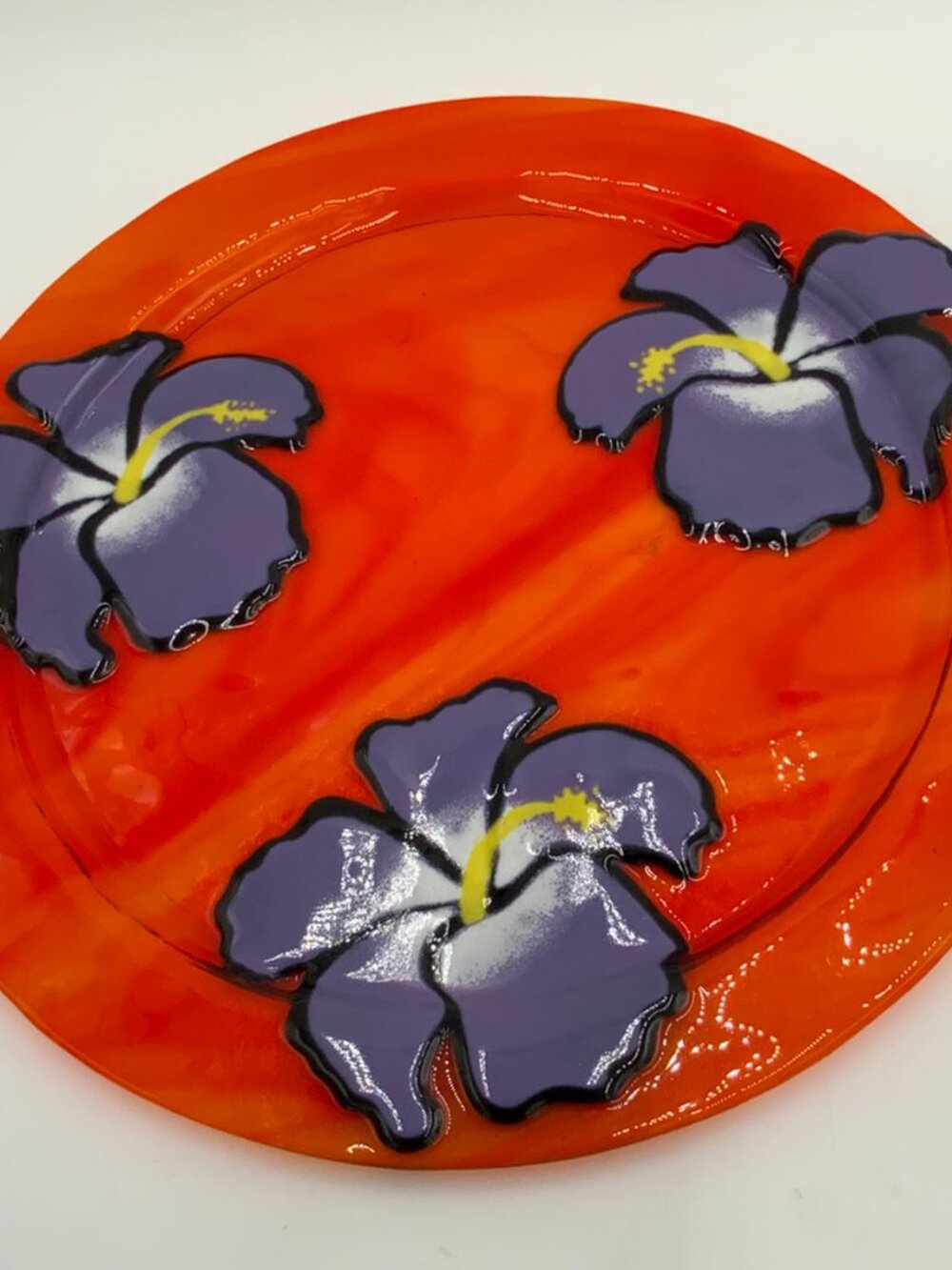 Lge Jan Mitchell Orange Iridescent Fused Glass Purple Hibiscus Plate Signed 15"